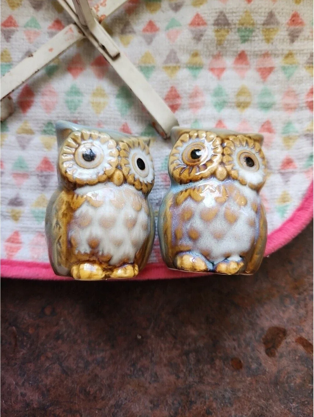 Owl Salt & Pepper Shakers Set of 2 Ceramic Owl Figurines Light Blue\ Tan!